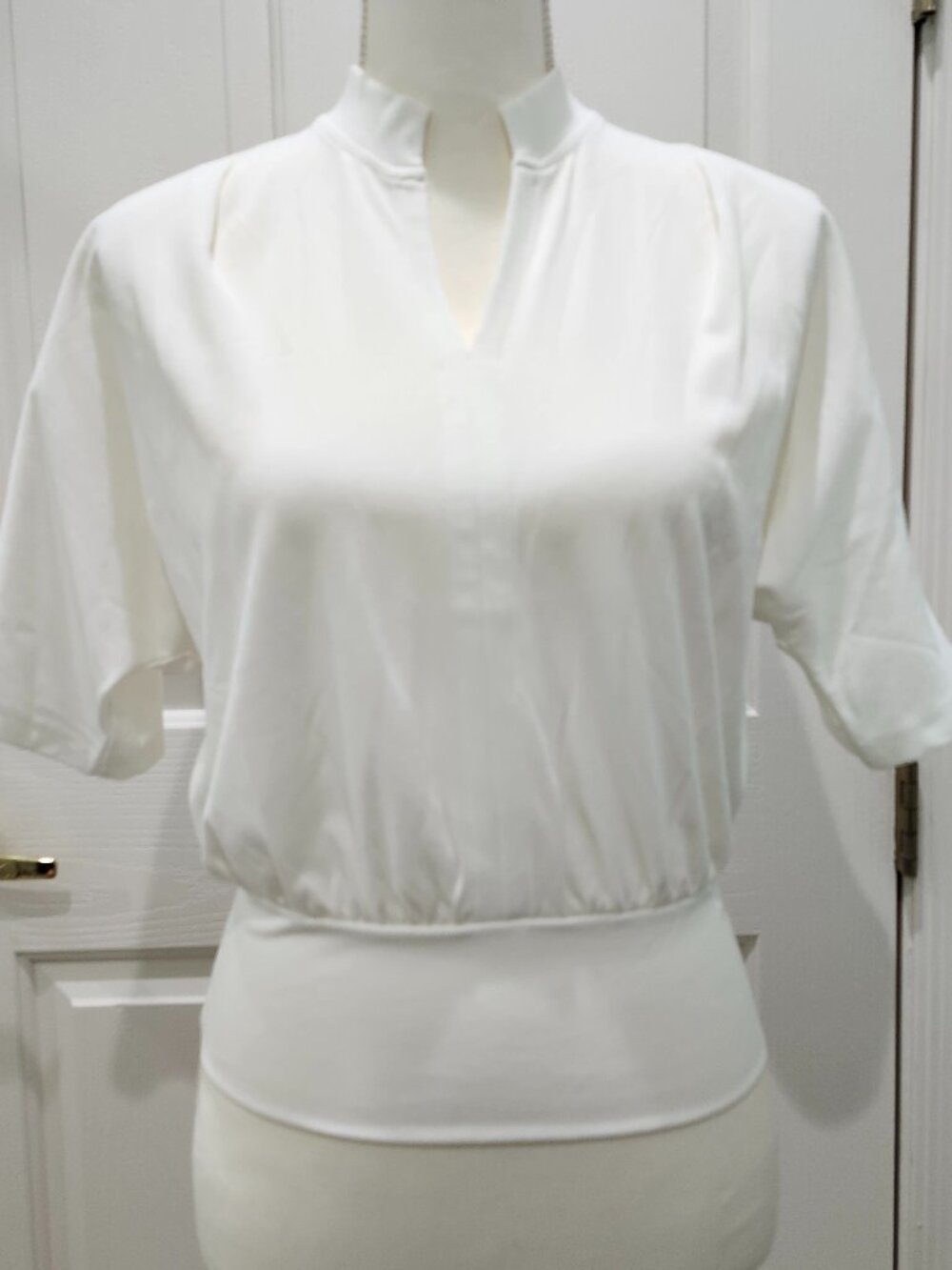 OGL Stand Collar V-Neck Short Sleeve Top, White, NWT